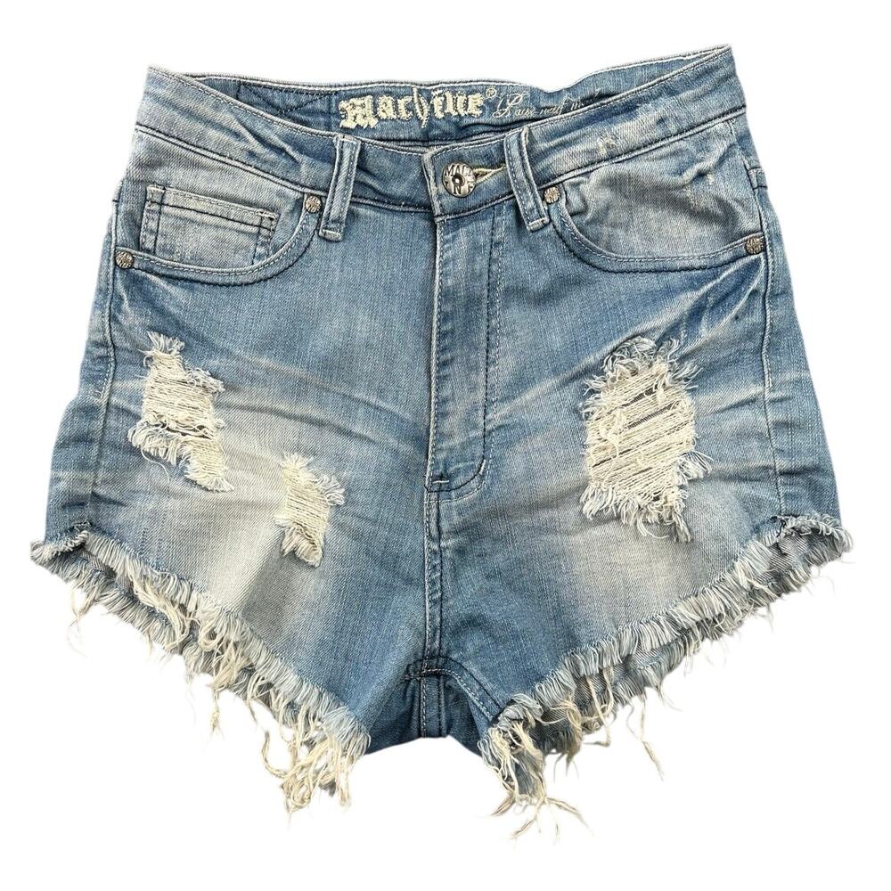 Machine High Rise Distressed Denim Shorts Raw Hem Light Wash Stretch Medium